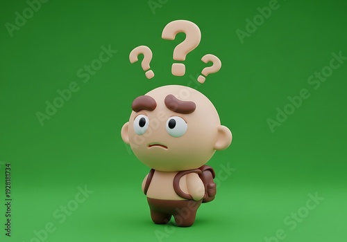 Confused cartoon character with question marks above head on green background