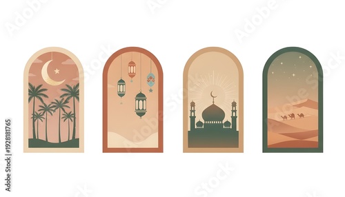 set of oriental style Islamic windows and arches with modern boho design, moon, mosque dome and lanterns