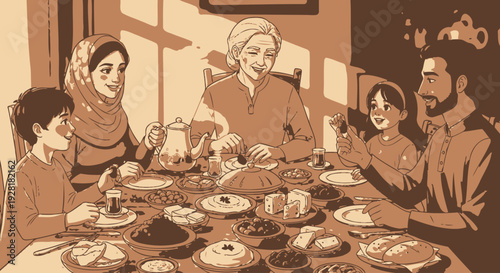 Family Gathering Around a Table Full of Food