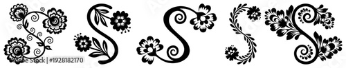 Set of S shaped floral scroll ornaments in traditional Polish folk embroidery style
