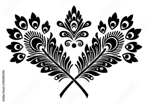 Symmetrical arrangement of peacock feathers and floral ornaments in Slavic folk art style