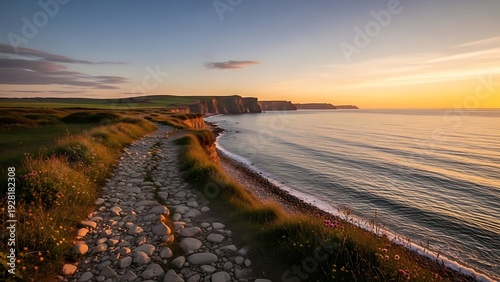 Wallpaper Mural Scenic Coastal Path at Sunset with Rolling Waves and Rugged Cliffs. Torontodigital.ca