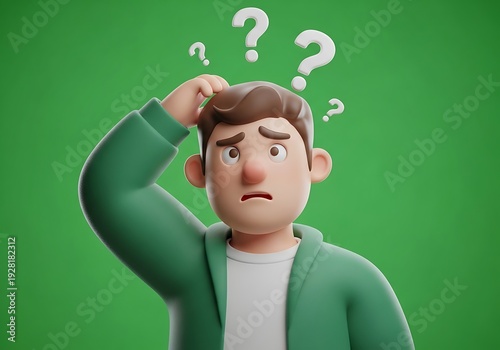 Confused young man scratching head with question marks around him