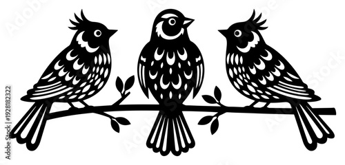 Trio of stylized birds perched on a branch in decorative Slavic papercut style