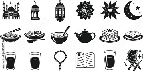 Islamic Ramadan icon collection vector with mosque lantern crescent moon iftar food tea Quran prayer beads silhouette symbols set