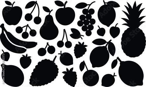 Black silhouettes of various fruits including apples bananas pears cherries grapes pineapple strawberries and more