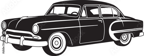 Black and white silhouette of a classic sedan car with rounded and chrome accents