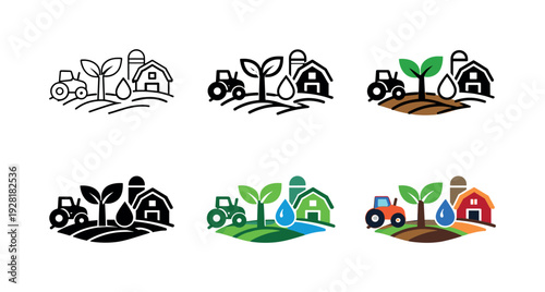 Eco-friendly agriculture symbol showing a sprouting plant, tractor, water droplet, and barn, conveying sustainable farming,