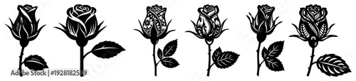 Collection of six stylized rose flowers with stems and leaves in traditional folk ornament style