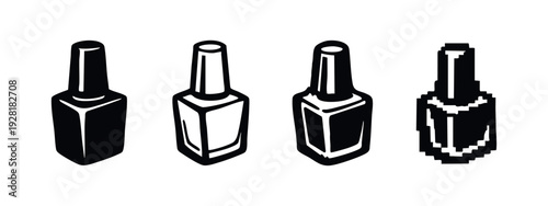 Square nail polish bottle icon design elements: solid, outline, sketchy, and pixelated for diverse branding needs