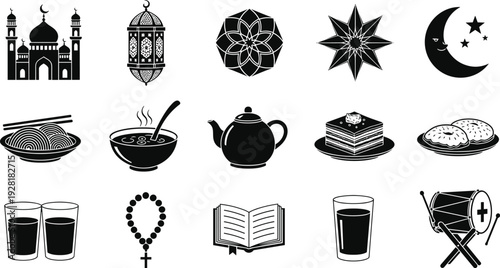 Ramadan and Islamic culture icon set vector illustration with mosque lantern food tea crescent moon religious symbols silhouette collection