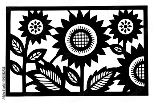 Stylized sunflower meadow illustration in a frame inspired by Slavic wycinanki folk art