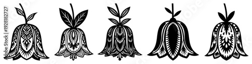 Row of bell shaped flowers with intricate Slavic folk art patterns and ornaments