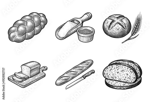 Vintage woodcut style collection of bakery products featuring rustic loaves, sliced bread, baguette, and flour scoop in a hand drawn engraving aesthetic.