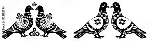 Symmetrical pairs of pigeons with intricate decorative patterns in traditional Slavic folk style