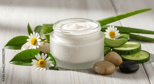 Natural aloe vera gel with stones and fresh flowers on a wooden surface