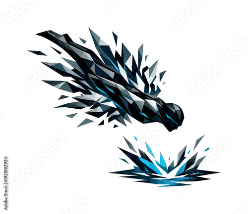 Diver's Momentum. Low-poly vector illustration of a diver breaking through the air toward the water below, bold angular silhouette