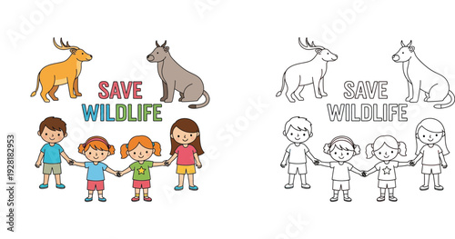 Kids Holding Hands Save Wildlife Coloring Page