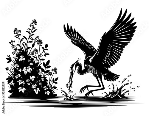 Flying Heron/Egret silhouette in the water catching with spread wings vector illustration
