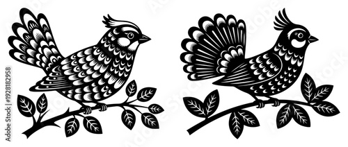 Two decorative birds perched on branches with ornate feather details in Slavic folk style