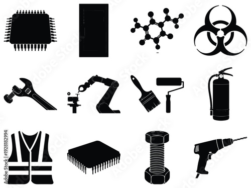 Set of black representing engineering construction and industrial tools