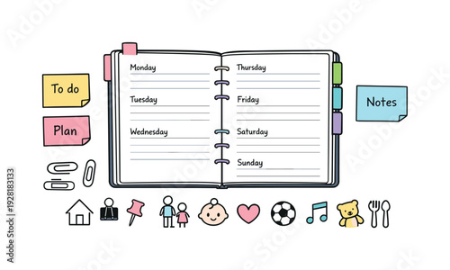 Open weekly planner spread, tabbed notebook pages, paper clips and sticky notes, small reminder icons for Parenting schedule