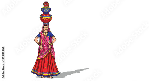 A vibrant illustration depicts a woman balancing pots on her head showcasing traditional attire a striking silhouette high quality professional