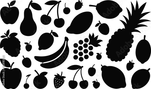 Black silhouettes of various fruits including apples, pears, bananas, grapes, cherries, strawberries, mangoes, pineapple, and kiwi on a white background