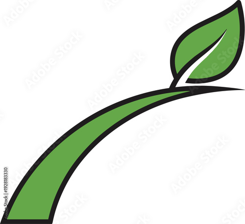 A stylized green leaf growing from a curved branch against a plain background