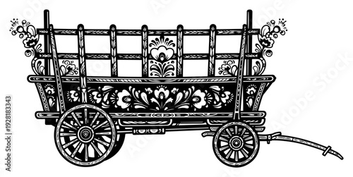 Traditional wooden horse wagon decorated with folk floral patterns in rustic style