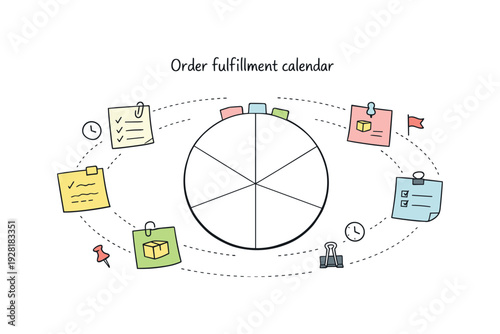 Circular planning wheel, orbiting sticky notes, tiny clock and flag icons, curved dotted paths for Order fulfillment calendar