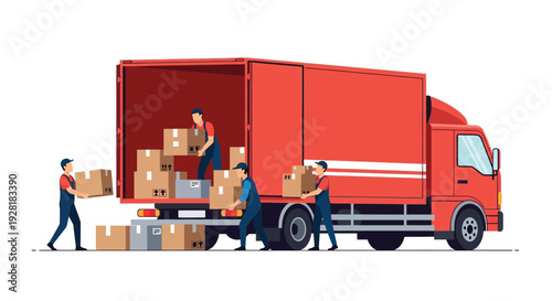 Workers unloading cardboard boxes from a red moving truck showcasing a flat vector style silhouette high quality professional detailed modern elegant