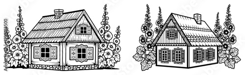 Set of two traditional Slavic rural cottages surrounded by blooming flowers