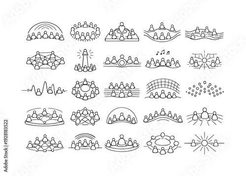 Synchronized Spiritual Symbols. Line style icons of synchronized spiritual gatherings: unified chant arc, resonance dot ring,