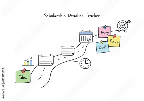 Milestone roadmap path, notebook strips as checkpoints, mini chart and calendar icons, pinned sticky notes for Scholarship