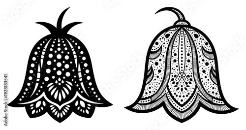 Two stylized bell flowers with dense decorative ornaments in traditional Slavic folk style