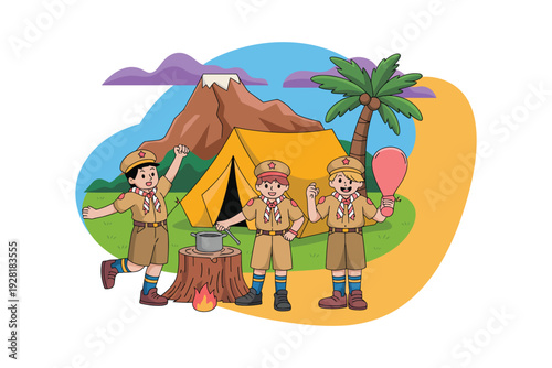 Scout illustration of three boys camping in a tropical mountain environment