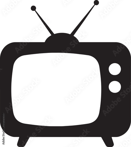 Black silhouette of a vintage television set with antennae and two knobs retro antique