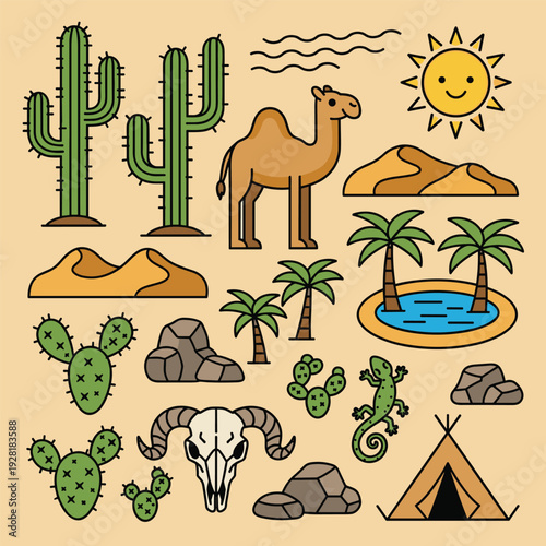 Desert Elements Cartoon Style Illustration Set.