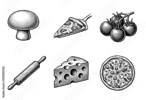 Set of pizza making ingredients and tools featuring mushroom, tomatoes, cheese, rolling pin, and a whole pizza in vintage woodcut engraving style.
