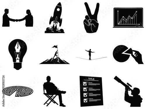 Set of black silhouettes representing leadership and business concepts