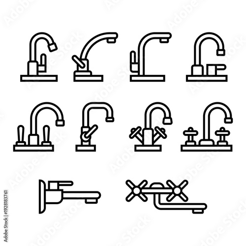 Set of water tap outline icons, linear collection of various kitchen and bathroom faucet designs. Vector illustration on white background.