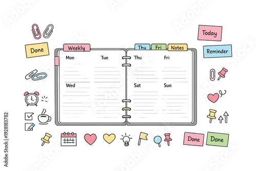 Open weekly planner spread, tabbed notebook pages, paper clips and sticky notes, small reminder icons for Daily planning routine