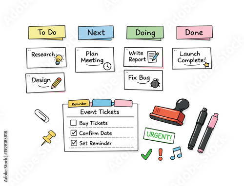 Kanban task cards on paper, column headers on sticky notes, stamps and markers, checklist symbols for Event ticket reminders with