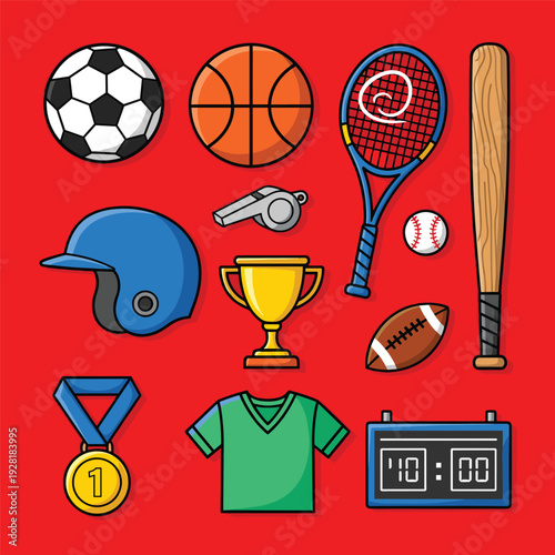 Collection of Various Sports Equipment and Awards.