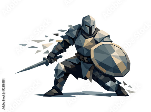 Low-poly vector illustration of a warrior settling after the shield block, shield lowered slightly with balanced angular posture,