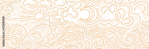 Windy print. Cloud, sun and moon. Sea ??storm, high waves. Line sky