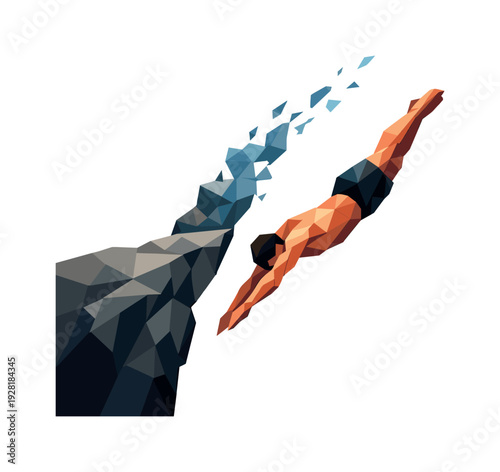 Low-poly vector illustration of a diver leaping from a cliff into open space, single human figure with sharply faceted anatomy