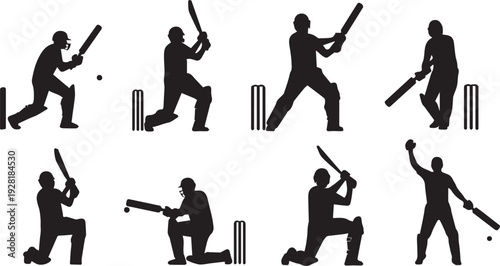 Cricket Player Batting Action Silhouettes Vector Set