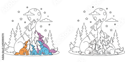 Wolves Howling at the Moon Coloring Page